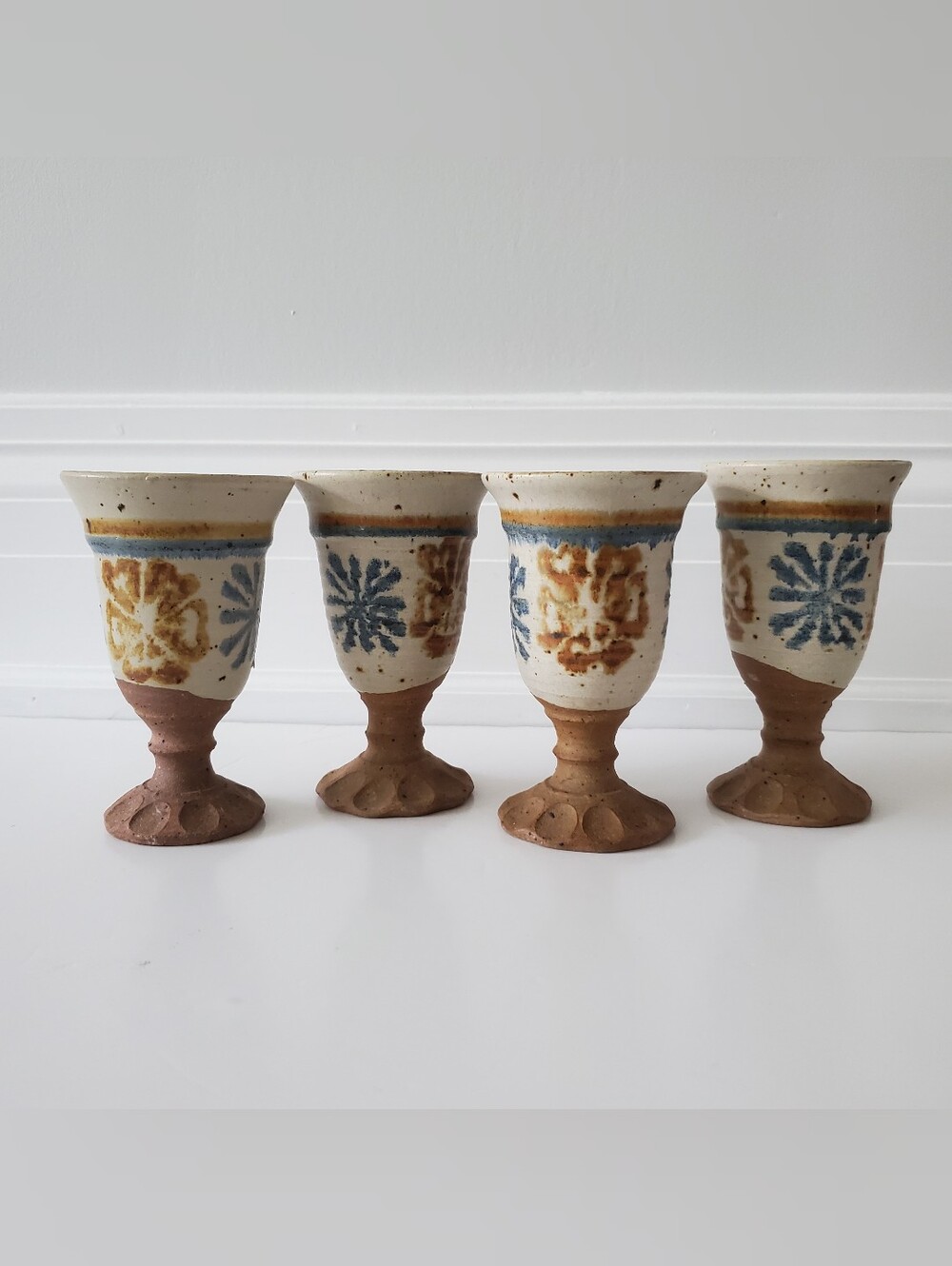 Vintage Japanese Handmade Ceramic Goblets in Earthy Cream, Blue Brown Tones 4pcs